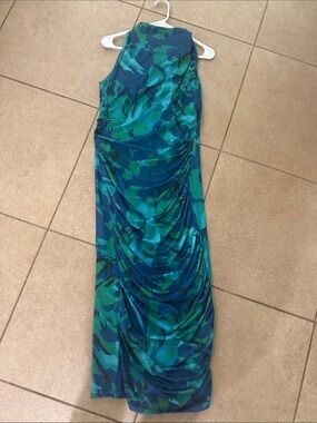 Sleeveless Blue-Green Ruched Maxi Dress